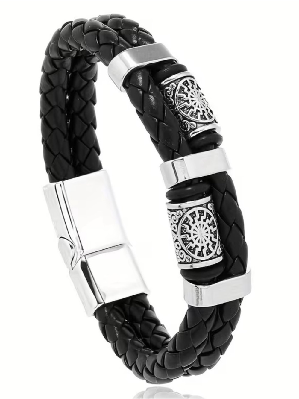 Black Braided Leather Men's Bracelet with Silver Accents